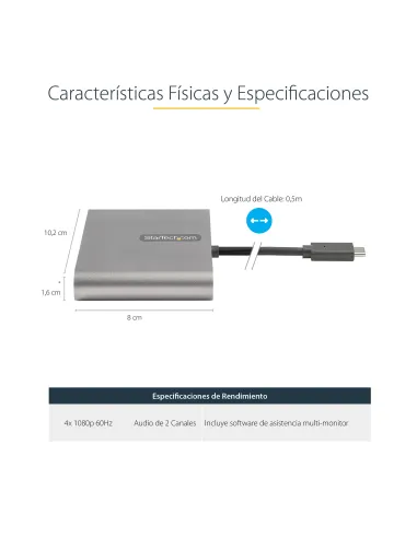 StarTech.com Adaptador USB-C a 4 Puertos HDMI - Tarjeta Gráfica y de Vídeo Externa - Dongle Llave USB Tipo C a 4x HDMI - 1080p