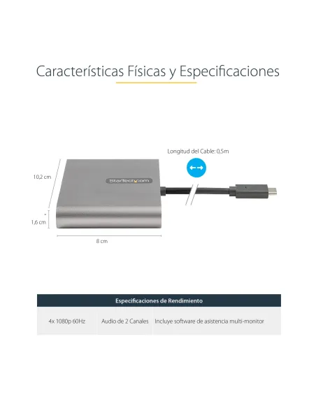 StarTech.com Adaptador USB-C a 4 Puertos HDMI - Tarjeta Gráfica y de Vídeo Externa - Dongle Llave USB Tipo C a 4x HDMI - 1080p