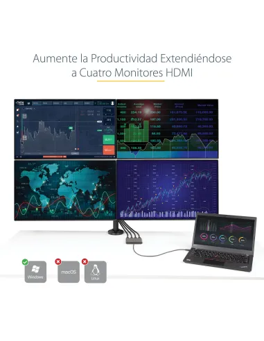 StarTech.com Adaptador USB-C a 4 Puertos HDMI - Tarjeta Gráfica y de Vídeo Externa - Dongle Llave USB Tipo C a 4x HDMI - 1080p