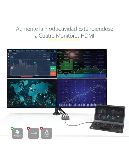 StarTech.com Adaptador USB-C a 4 Puertos HDMI - Tarjeta Gráfica y de Vídeo Externa - Dongle Llave USB Tipo C a 4x HDMI - 1080p