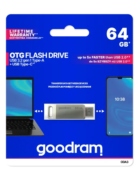 Goodram ODA3 unidad flash USB 64 GB USB Type-A   USB Type-C 3.2 Gen 1 (3.1 Gen 1) Plata