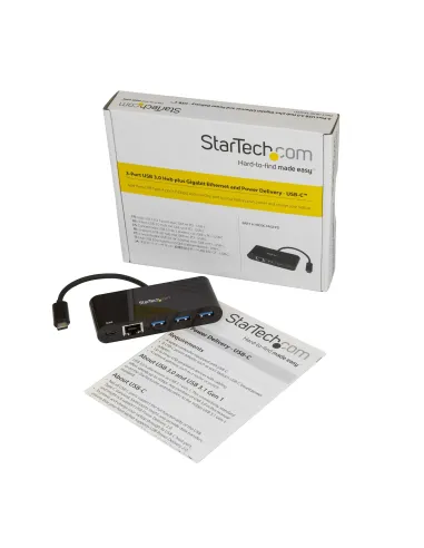 StarTech.com Hub Concentrador USB 3.0 USB-C de 3 Puertos con Ethernet Gigabit y Entrega de Alimentación de 60W con Puerto
