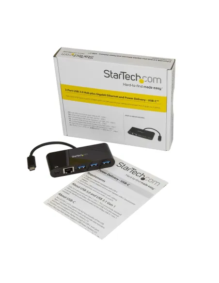 StarTech.com Hub Concentrador USB 3.0 USB-C de 3 Puertos con Ethernet Gigabit y Entrega de Alimentación de 60W con Puerto