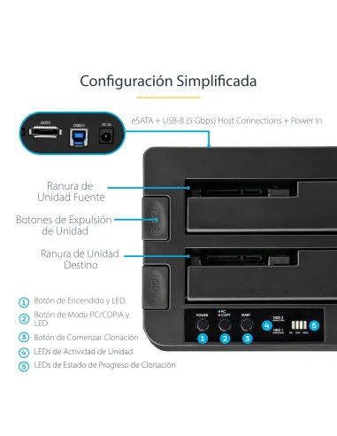 StarTech.com Duplicador USB 3.0 (5Gbps) o eSATA de Discos Duros de 2 Bahías, Independiente, Clonador Copiador de SSD o HDD SATA