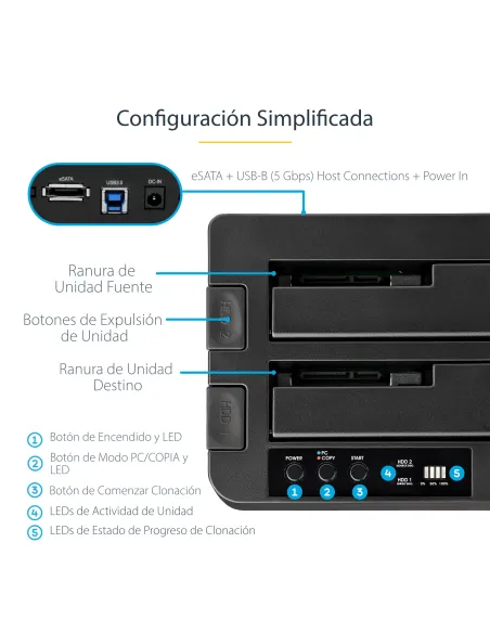 StarTech.com Duplicador USB 3.0 (5Gbps) o eSATA de Discos Duros de 2 Bahías, Independiente, Clonador Copiador de SSD o HDD SATA
