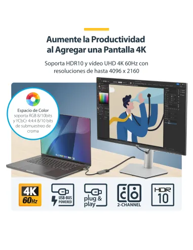 StarTech.com Adaptador USB C a HDMI de Vídeo 4K 60Hz - HDR10 - Conversor Tipo Llave USB Tipo C a HDMI 2.0b Dongle - Convertidor
