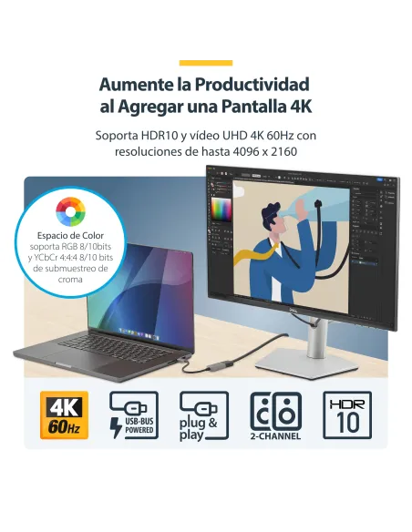 StarTech.com Adaptador USB C a HDMI de Vídeo 4K 60Hz - HDR10 - Conversor Tipo Llave USB Tipo C a HDMI 2.0b Dongle - Convertidor