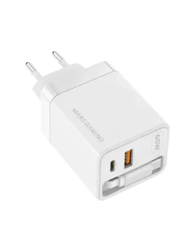 Cargador de pared mars gaming md - gan65rw 65w 1x usb tipo c 1 x usb tipo a cable retractil usb tipo c blanco