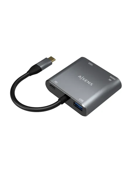 AISENS Conversor USB-C a VGA HDMI 4K USB3.0 USB-C PD, USB-C M-VGA H-HDMI H-USB-A H-USB-C H, Gris, 15CM