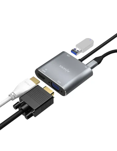 AISENS Conversor USB-C a VGA HDMI 4K USB3.0 USB-C PD, USB-C M-VGA H-HDMI H-USB-A H-USB-C H, Gris, 15CM