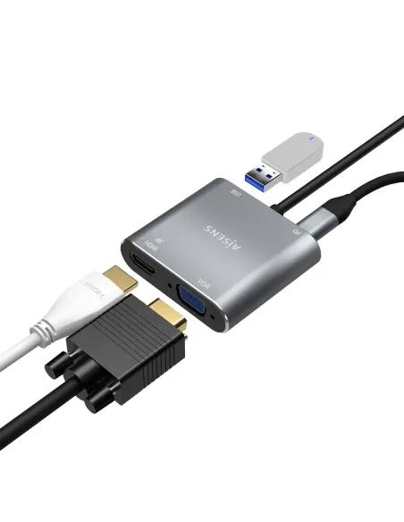 AISENS Conversor USB-C a VGA HDMI 4K USB3.0 USB-C PD, USB-C M-VGA H-HDMI H-USB-A H-USB-C H, Gris, 15CM