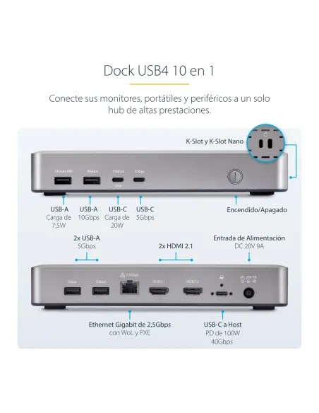 StarTech.com Docking Station USB4 - USB-C de 40Gbps - Vídeo Doble HDMI - Hasta 1x 8K 60Hz 4 4 4 (RGB) o 2x 4K 120Hz 4 2 2 - con