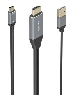 AISENS Cable Conversor Aluminio HDMI V2.0 A USB-C 4K@60HZ, HDMI M+USB-A M-USB-C M, Negro, 1.8m