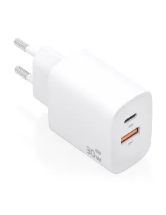 AISENS Cargador GaN 30W, 1xUSB-C PD3.0 QC4.0, 1xUSB-A QC3.0, Blanco