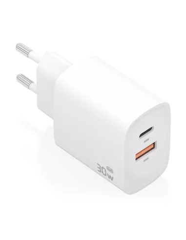 AISENS Cargador GaN 30W, 1xUSB-C PD3.0 QC4.0, 1xUSB-A QC3.0, Blanco