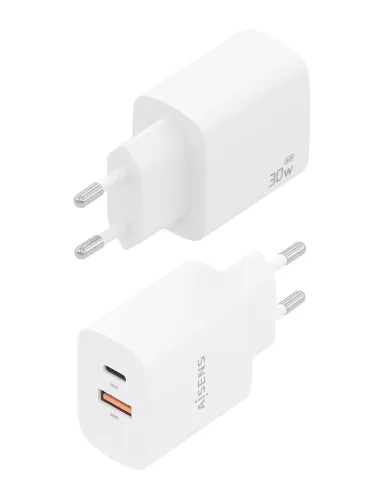 AISENS Cargador GaN 30W, 1xUSB-C PD3.0 QC4.0, 1xUSB-A QC3.0, Blanco