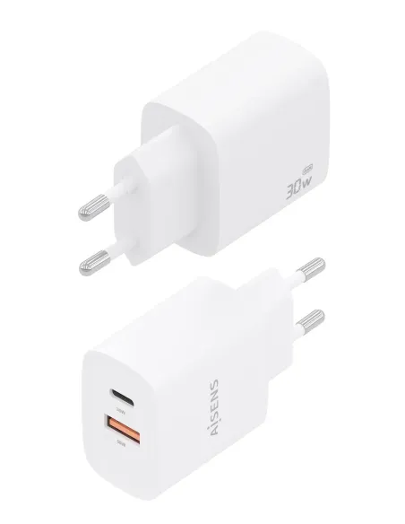 AISENS Cargador GaN 30W, 1xUSB-C PD3.0 QC4.0, 1xUSB-A QC3.0, Blanco