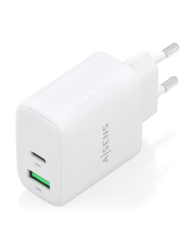 AISENS Cargador GaN 45W, 1xUSB-C PD3.0 QC4.0, 1xUSB-A QC3.0, Blanco