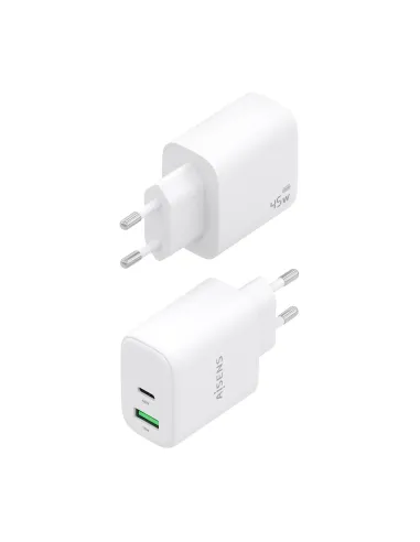 AISENS Cargador GaN 45W, 1xUSB-C PD3.0 QC4.0, 1xUSB-A QC3.0, Blanco