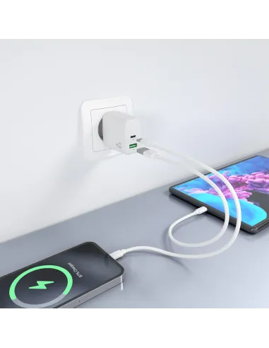 AISENS Cargador GaN 45W, 1xUSB-C PD3.0 QC4.0, 1xUSB-A QC3.0, Blanco