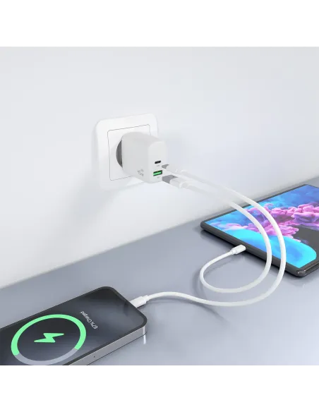 AISENS Cargador GaN 45W, 1xUSB-C PD3.0 QC4.0, 1xUSB-A QC3.0, Blanco