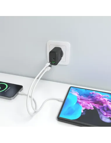 AISENS Cargador GaN 45W, 1xUSB-C PD3.0 QC4.0, 1xUSB-A QC3.0, Negro