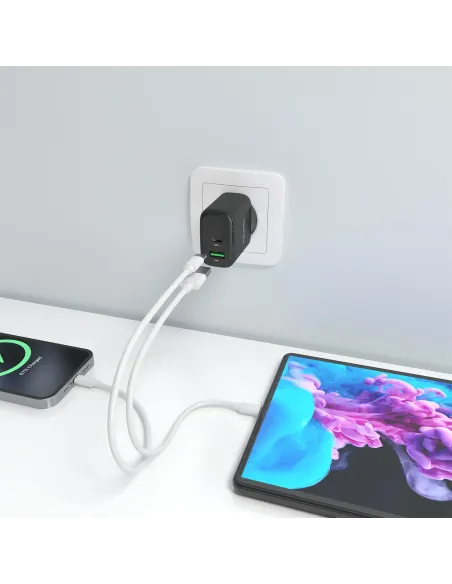 AISENS Cargador GaN 45W, 1xUSB-C PD3.0 QC4.0, 1xUSB-A QC3.0, Negro