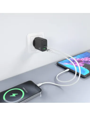 AISENS Cargador GaN 45W, 1xUSB-C PD3.0 QC4.0, 1xUSB-A QC3.0, Negro