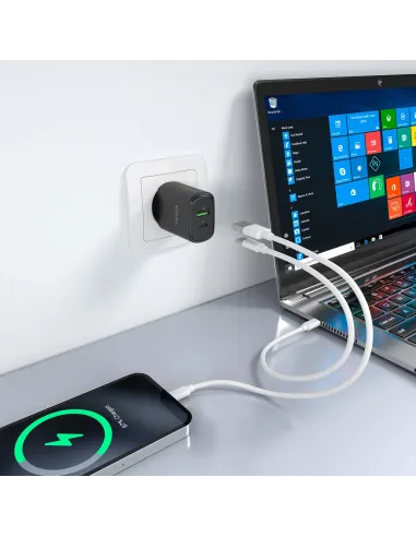 AISENS Cargador GaN 30W, 1xUSB-C PD3.0 QC4.0, 1xUSB-A QC3.0, Negro