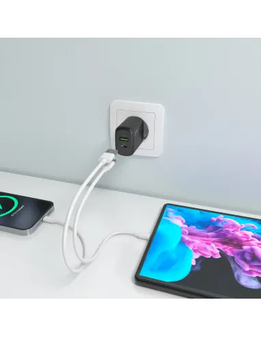 AISENS Cargador GaN 30W, 1xUSB-C PD3.0 QC4.0, 1xUSB-A QC3.0, Negro