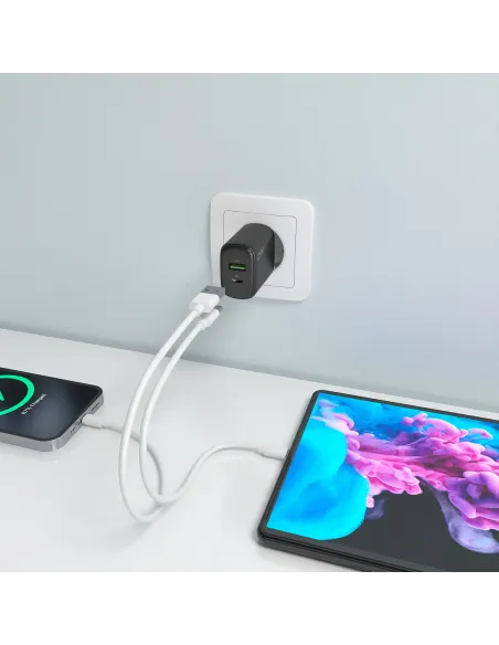 AISENS Cargador GaN 30W, 1xUSB-C PD3.0 QC4.0, 1xUSB-A QC3.0, Negro