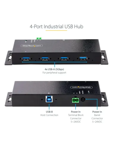 StarTech.com Hub Industrial USB 3.0 de 5Gbps de 4 Puertos - Concentrador USB con Protección de Picos y Descargas ESD - Ladrón