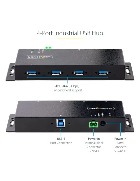 StarTech.com Hub Industrial USB 3.0 de 5Gbps de 4 Puertos - Concentrador USB con Protección de Picos y Descargas ESD - Ladrón