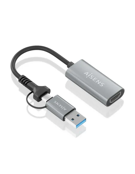 AISENS Conversor Aluminio USB-A+USB-C A HDMI 1080P@60Hz, USB-A M+USB-C M-HDMI H, Gris, 15cm