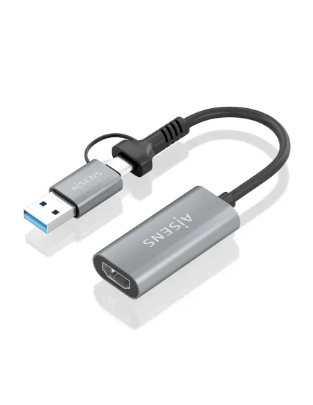 AISENS Conversor Aluminio USB-A+USB-C A HDMI 1080P@60Hz, USB-A M+USB-C M-HDMI H, Gris, 15cm