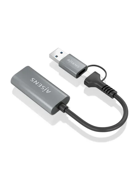 AISENS Conversor Aluminio USB-A+USB-C A HDMI 1080P@60Hz, USB-A M+USB-C M-HDMI H, Gris, 15cm