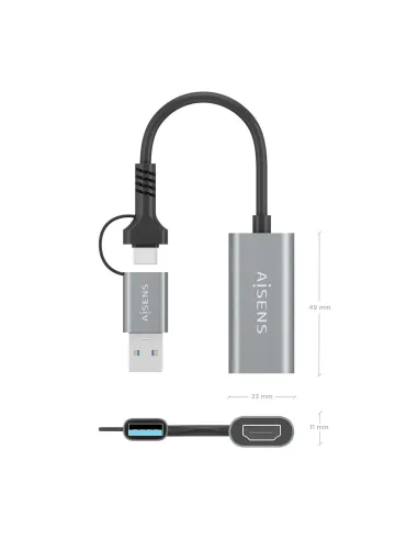 AISENS Conversor Aluminio USB-A+USB-C A HDMI 1080P@60Hz, USB-A M+USB-C M-HDMI H, Gris, 15cm