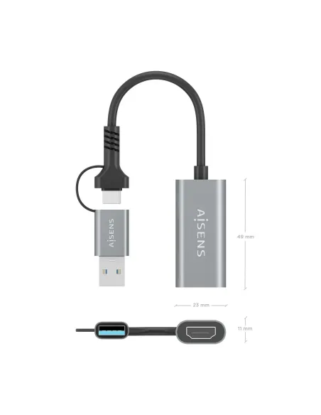 AISENS Conversor Aluminio USB-A+USB-C A HDMI 1080P@60Hz, USB-A M+USB-C M-HDMI H, Gris, 15cm