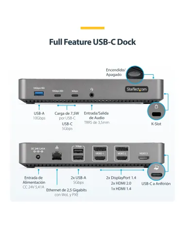 StarTech.com Docking Station USB-C para 3 Monitores - Dock USB Tipo C Triple HDMI DP de 4K - Hub Ladrón 5x USB - GbE - PD 100W