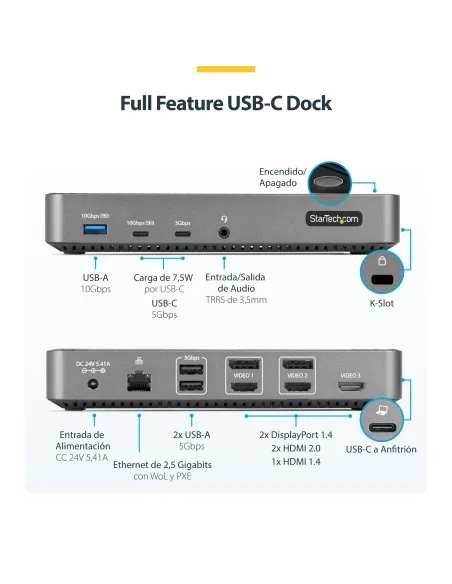 StarTech.com Docking Station USB-C para 3 Monitores - Dock USB Tipo C Triple HDMI DP de 4K - Hub Ladrón 5x USB - GbE - PD 100W