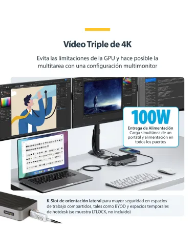 StarTech.com Docking Station USB-C para 3 Monitores - Dock USB Tipo C Triple HDMI DP de 4K - Hub Ladrón 5x USB - GbE - PD 100W