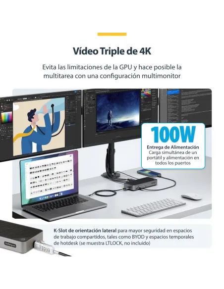 StarTech.com Docking Station USB-C para 3 Monitores - Dock USB Tipo C Triple HDMI DP de 4K - Hub Ladrón 5x USB - GbE - PD 100W