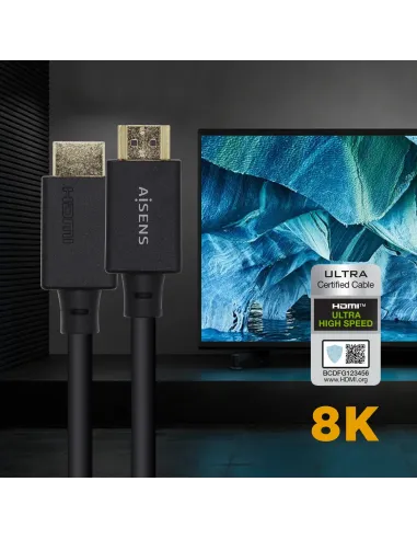AISENS Cable HDMI V2.1 Ultra Alta Velocidad   HEC Certificado 8k@60Hz 48Gbps, A M-A M, Negro, 2.0m