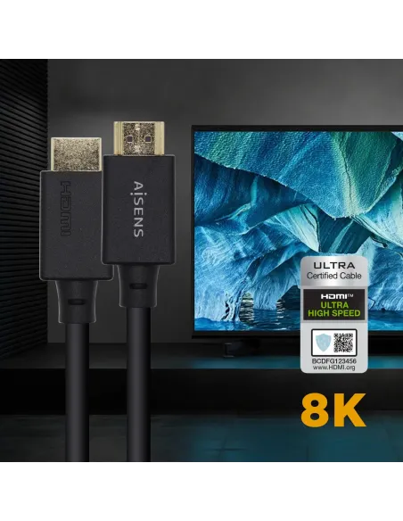 AISENS Cable HDMI V2.1 Ultra Alta Velocidad   HEC Certificado 8k@60Hz 48Gbps, A M-A M, Negro, 2.0m