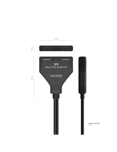 AISENS HDMI Duplicador 4K@30HZ 1×2 con Alimentación USB y Cable, Negro, 30 cm