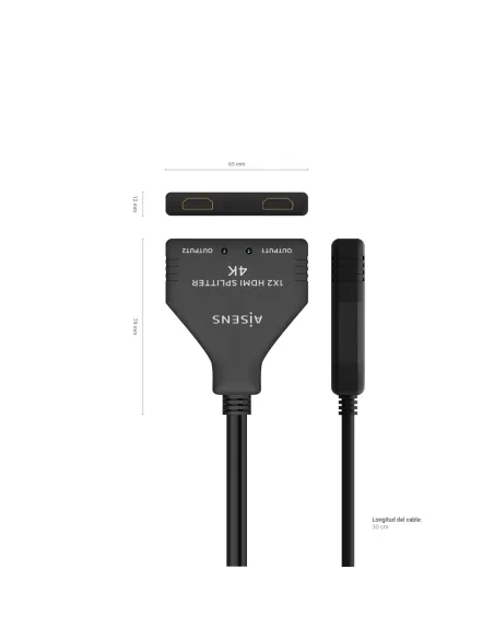 AISENS HDMI Duplicador 4K@30HZ 1×2 con Alimentación USB y Cable, Negro, 30 cm
