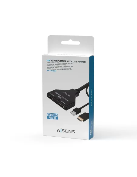 AISENS HDMI Duplicador 4K@30HZ 1×2 con Alimentación USB y Cable, Negro, 30 cm