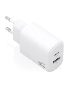 AISENS Cargador GaN 30W, 1xUSB-C PD3.0 QC4.0, 1xUSB-A QC3.0, Blanco