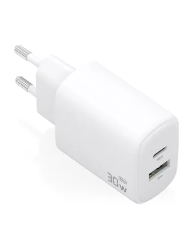 AISENS Cargador GaN 30W, 1xUSB-C PD3.0 QC4.0, 1xUSB-A QC3.0, Blanco