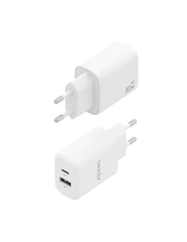 AISENS Cargador GaN 30W, 1xUSB-C PD3.0 QC4.0, 1xUSB-A QC3.0, Blanco